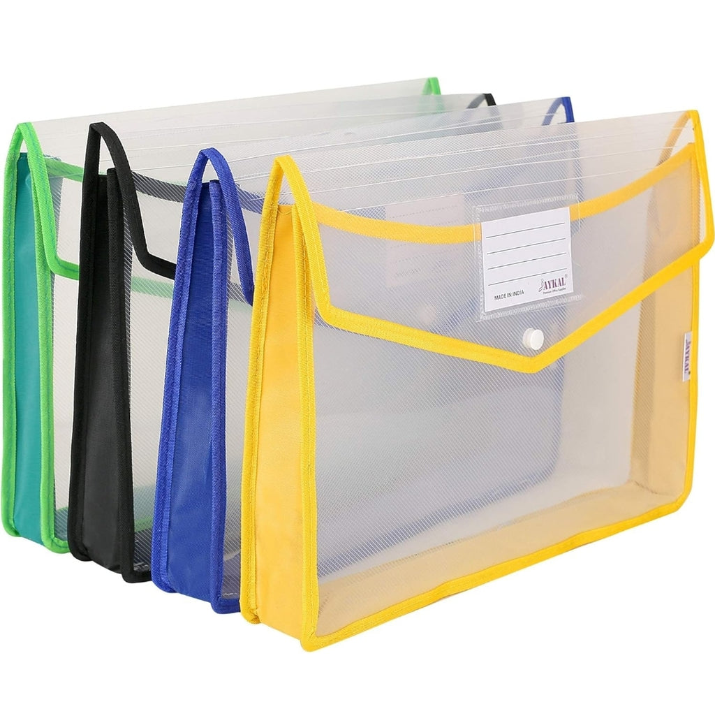 Transparent Plastic FS/A4 Envelope Folder, Documents File Storage Bag with Snap  Button, Document File Folder for Certificates (Size: FS/A4, Color:  Multicolor) - pack of 2