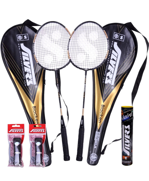 Silver's Blacken Badminton Kit  (2 Racquets with Cover, 1 Box Shuttlecock and 2 PVC Grips) - eLocalshop