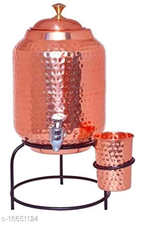 Copper Art Hammered Copper water dispenser (Matka/Pot) Container Pot Water Tank 5000 ML with 1 copper glass and Stand for Home - eLocalshop